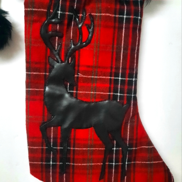 New 18" Buffalo Plaid Stocking Faux Fur Leather Deer Red/Black Holiday Christmas - Picture 2 of 4